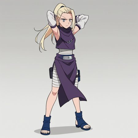 score_9,score_8_up,score_7_up,score_6_up, anime_screencap, <lora:Ino_Genin_Pony-000007:0.8>, inog, 1girl, solo, bandana around waist, pelvic curtain, long hair, ponytail,  blue eyes, blonde hair, earrings, bandaged waist,  detached sleeves, bandaged leg, purple crop top, sleeveless, thigh pouch, scarf, arms behind head, armpits, toeless footwear, blue footwear, full body, standing,