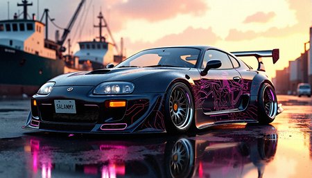 Side Profile Shot
A shot taken directly from the side, showcasing the length and lines of the Supra, highlighting the wide body kit and side skirts.

A detailed, photorealistic image of a 1993 Toyota Supra, Car plate is "SALAMMY" with a wide body kit, extreme front hood design, and glowing circuitry body paint. The glowing alloy rims and sporty glowing spoiler add to its futuristic look. The car is set against a Futuristic dockside area with boats, cranes, and industrial machinery, with the setting sun reflecting off the polished bodywork.

Car modifications include Integrated LED side markers in the wide body fenders, Carbon fiber door handles with a streamlined design

Fiber optic lighting integrated into the car's seams, creating a glowing outline effect, Mirror-like reflective paint that creates dazzling reflections of surrounding lights and objects


















