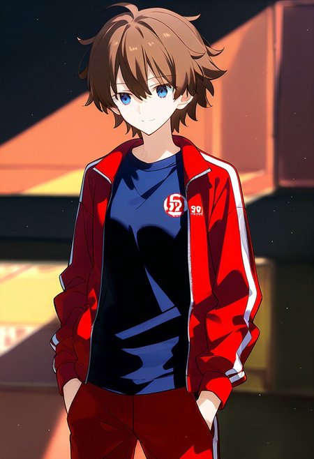 (score_9, score_8_up, score_7_up, source_anime), ((solo)), calm, closed mouth, 1girl, solo, peaceful, closed mouth, small smile, lazy, ((oreki_houtarou)), masculine, brown hair, blue eyes, short hair, ((spiky hair, pointy hair, messy hair)), hair between eyes, red tracksuit, red tracksuit, tracksuit jacket, red jacket, plain jacket, open jacket, black shirt, collard shirt, plain shirt, red trousers, hands in pockets, no background, dark background, cowboy shot, dark background, portrait, prototype design, Expressiveh, takeuchi takashi