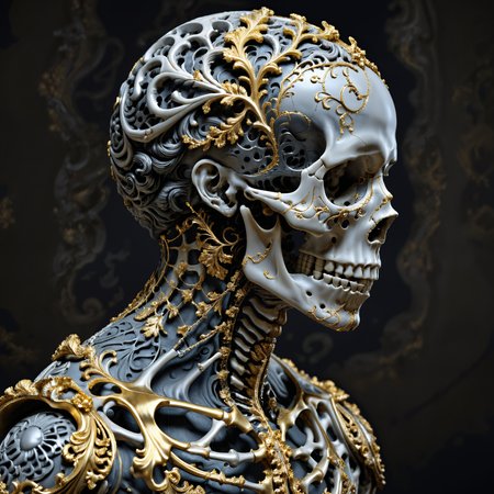 ultra detailed, hyper realistic, close-up, side portrait,  male, Baroque-inspired digital sculpture with an intricately detailed skeletal figure, adorned with swirling gold and silver filigree patterns, creating a sense of luxurious complexity; the dark background provides a stark contrast, highlighting the ornate textures and menacing elegance of the figure, baroque background