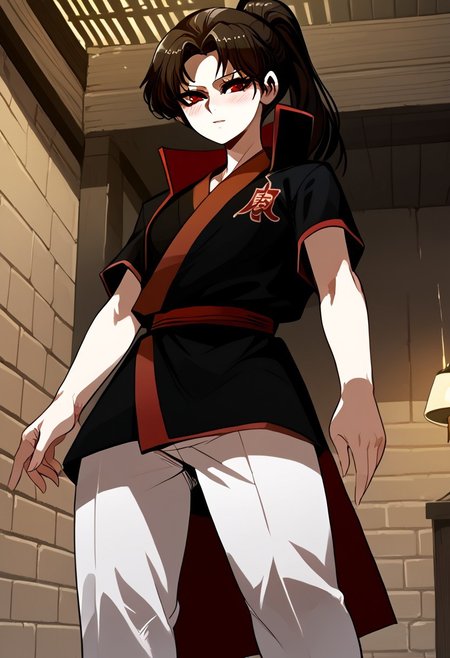 score_9, score_8_up, score_7_up, score_9, score_8_up, score_7_up,Masterpiece,HD,(((HD quality))), (((ultra quality))), hyper ultra detailed, hyper ultra quality,solo,mature female,
<lora:StS_PonyXL_Detail_Slider_v1.4_iteration_3:3>,
Background dungeon, bricks, filth on the walls, anime font,from below, looking at the viewer,indoors,
1girl, detailed, perfect arms, perfect face, perfect hands,alone ,blushed, very blushed,
BREAK
breasts perky,curvy, waist, slim,  perfect anatomy, height, tall,perfect body, 
BREAK
hoyeon, 1girl, red eyes, ponytail/long hair, Japanese clothes, white pants, short sleeves/black robe,