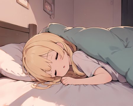 1girl, solo, from side, young girl, blonde hair, sleep on bed, open mouth, indoors, bedroom <lora:newhotaru_ill:1>