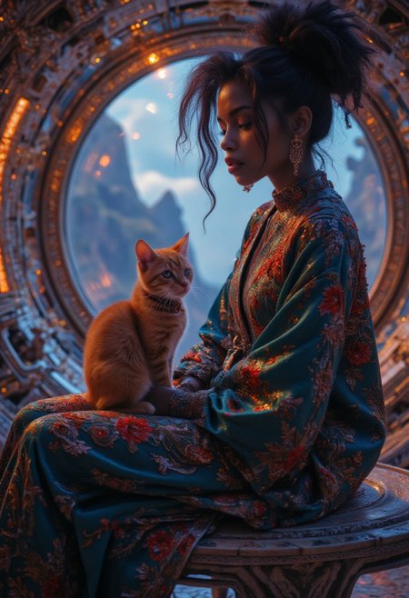 A beautiful black woman sits with her cat in an exotic futuristic room with large windows, she wears an embroidered tunic and pants, the window looks out over a dramatic landscape, ambient lighting, close up portrait, decorative, futuristic, clean lines in reminiscent of Aubrey Beardsly