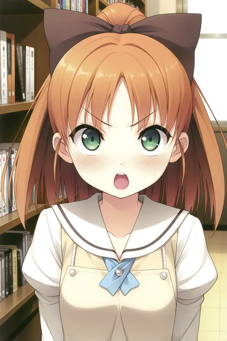masterpiece, best quality, absurdres, official art, official style, rating general BREAK <lora:minagawayuuhi_IL_v1-1:0.7>, minagawa yuuhi, 1girl, solo, open mouth, green eyes, brown hair, orange hair, short hair, high ponytail, wide ponytail, hair bow, black bow, large bow, medium breasts, small breasts, school uniform, serafuku, white sailor collar, yellow sweater vest, white shirt, juliet sleeves, sleeves past wrists, yellow apron, upper body, indoors, close-up, bookshelf, book,
blush, :o, angry, looking at viewer, looking up, open mouth, v-shaped eyebrows