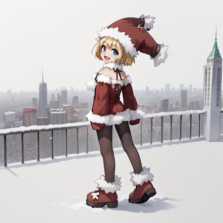 , cheek, fur-trimmed boots, 1girl_Witch, arched back, fur-trimmed headwear, Look here, white  background, 1girl_witch, solo, fur-trimmed dress, bare shoulders, red footwear, pantyhose, fur-trimmed sleeves, smile, open mouth,fur-trimmed red clothes, full body, outdoor,city,anime,animation,
