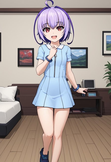 score_4,score_5,score_6,score_7_up,score_8_up,score_9
((masterpiece,best quality,ultra detailed,highres,HD,4k:1.2)),
1 girl,solo,girl forcus,upper body,
Purple hair,side locks,ahoge,multicolored hair,short hair, red eyes, short sleeves, blue dress, zipper, bracelet, thighs, bare legs,shoes,
smile,open mouth,happy,room,living room,
