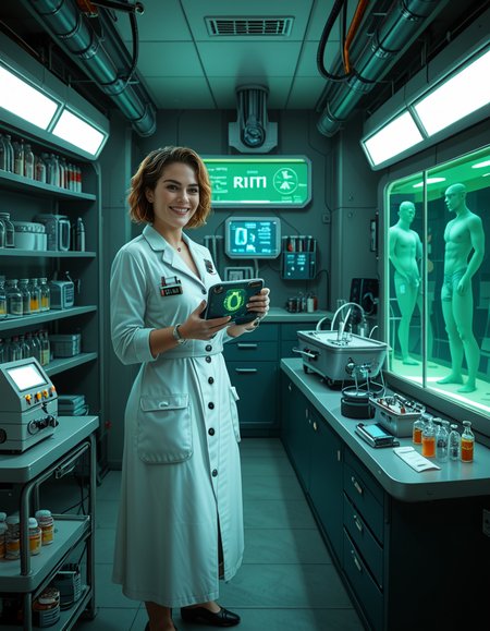 "A hyperrealistic scene of Gordon Freeman in his HEV suit eating lasagna at a retro 90s kitchen table, surrounded by domesticated headcrabs acting like pets, a Vortigaunt washing dishes in an apron, cinematic lighting, absurdity meets realism, surreal textures, intricate kitchen details, nostalgic yet eerie ambiance." looking at viewer,A (woman scientist:1.3),short brown hair, standing confidently in front of a futuristic laboratory,futuristic l4b0r4t0ry, filled with advanced technology and glowing screens. She is wearing a sleek, high-tech lab coat with metallic accents Her posture is upright,gesturing towards a large containment chamber with the other. Inside the chamber, faint outlines of humanoid figures are visible, suggesting the development of super soldiers. The laboratory is illuminated by soft neon lights in shades of blue and green, with detailed machinery, robotic arms, and vials of glowing substances scattered across workstations. The atmosphere is futuristic, clean, and high-tech, with a sense of intense innovation and ambition.<lora:SDXLFaeTastic2400:0.4> <lora:extremely_detailed:0.4> extremely detailed <lora:futuristic_l4b0r4t0ry:1>, Masterpiece,best quality,hi res,8k,hi res,8k,award winning,(sharp focus, intricate, highly detailed),