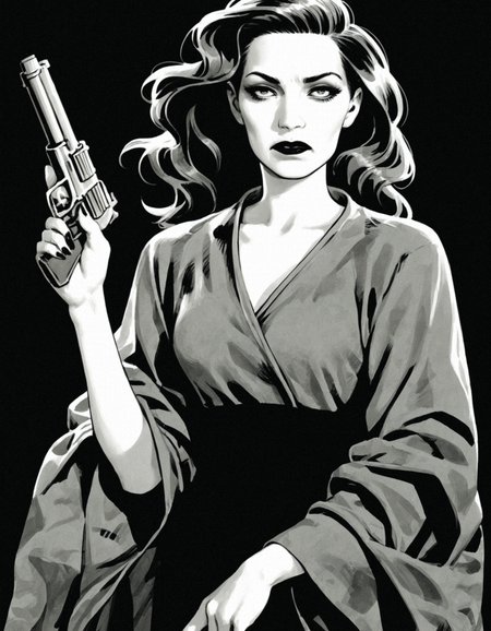 score_9, score_8_up, score_7_up,cms style,monochrome,colored background,1girl,black hair,long hair,black dress,front view,holding gun,black background