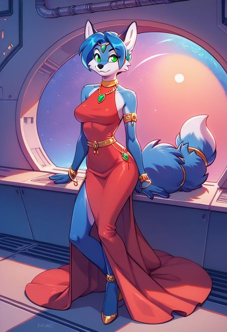score_9, score_8_up, score_8, 1girl, smooth, blue fur, jewelry, blue hair, green eyes, anthro fox,  highly detailed,  perfect, high quality, high definition, spaceship, crew deck, tight red dress, long dress, thigh gap, posing