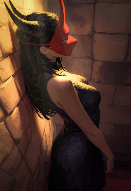 <lora:nhl-001-20:0.8> nhl-001,
(by some1else45:1.25), 
(by guweiz, by solipsist, by xilmo:1.25), painterly sketch illustration,
side view, profile,  red mask, 
1girl, solo, mask, black dress, dress, long hair, black hair, sleeveless, sleeveless dress, horns, breasts, indoors, stone walls, against wall, 
perspective, textured wall, textured dress,
masterpiece, best quality, amazing quality, very aesthetic,
