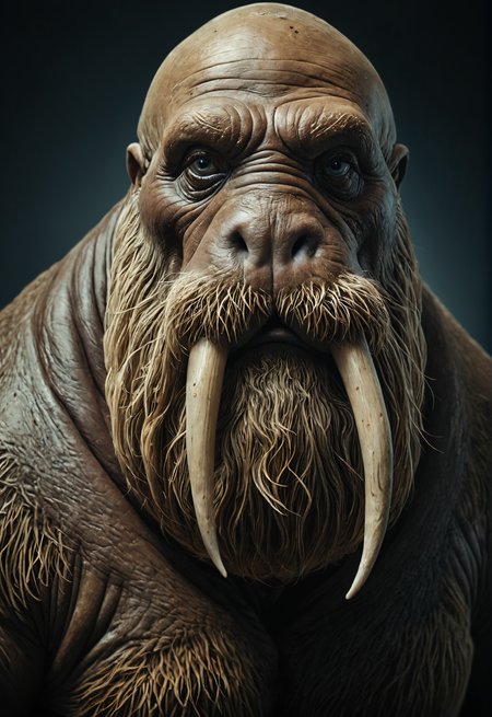 photo,mutation, human with walrus  face,studio lighting,  High-Fantasy Realism<lora:Photoreal:1.1>