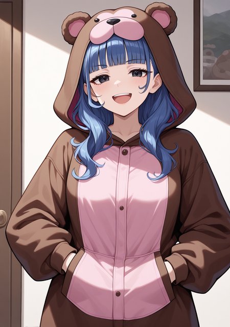 masterpiece, best quality, absurdres, perfect lighting,shiny skin,<lora:StS-Illustrious-Detail-Slider-v1.0:3>,<lora:illustrious_noobai_epsilon_pred_1_best_quality_v1:1>,1girl,Vera Misham,long hair, blue hair,blunt bangs, black eyes, <lora:Vera Misham:0.9>,kigurumi, bear ears, hand in pocket, happy,