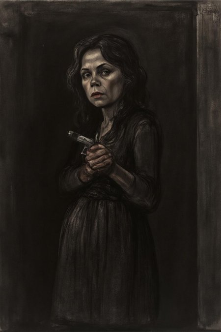 kako1 drawing. a mysterious woman with wavy hair and piercing eyes stands in the shadows of a dimly lit room. She is holding a small revolver with a delicate yet firm grip. <lora:kako1_litho_nocap_d6a3:1.0><lora:814772978714782699:0>
