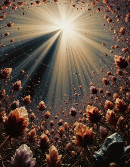 Realistic real life photo of a field of crystal texture alien crop, strong sun rays.
Create a visual representation that embodies a series of paradoxes, each element challenging the perception of the viewer. Begin with a simple concept, yet infuse it with a diversity of shapes and emotions to add layers of depth and intrigue. The scene should feel empty, evoking a sense of solitude or void, yet it should be intricately detailed, revealing complexity upon closer inspection. Incorporate a wide-angle perspective that somehow manages to focus in on minute, detailed aspects, drawing the viewer's eye from the expansiveness into the specifics. This juxtaposition of broad and narrow, simple and complex, empty and detailed, should create a compelling, thought-provoking image that invites viewers to explore and interpret the layers of contradiction and harmony.
 <lora:aidmaBokeh:0.8> bokehmachine <lora:crystals_flux:0.3> <lora:flux_detailer:0.6> <lora:flux-scribble:1> xslx scribble <lora:JWST_lora_Flux:0.7> JWST