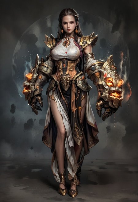 score_9, score_8_up, score_7_up, rating_safe, concept art, semi-realistic, Fixhand, 1girl, solo. Proportion body.
Young beautiful face, fit body, Sexy face, Sexy body, (Big breast), (Round breast). (Long legs:1.5).
Battle gloves, Fantasy