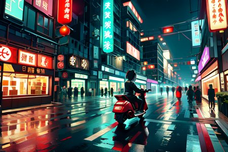 highly insanely detailed, masterpiece, top quality, best quality, highres, 4k, 8k, RAW photo, (very aesthetic, beautiful and aesthetic),  
(code_style,codestyle),japanese text,traditional chinese text, 
<lora:CodeStyle (half generic class)_564920:0.6>, 
(1girl:1.3), 1other, 
((pedestrian hell)),((busy street in taiwan)),taipei road,scooter,motorcycle,wind,trees,crowd,traffic light,road sign,cityscape,shopping,storefront,signboard,building,greenery,city-life-overload,night,neon lights,,âââ