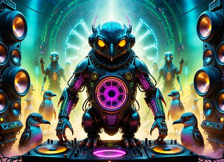 surrealist art Ombre color scheme of neon orange, neon pink, neon blue, neon yellow, neon green, biomechanical cyberpunk psychedelic style cute weird (alien|penguin) creature DJing (at a rave:1.1)  (giant speakers:1.2) (crowd distant background:1.15) (bokeh volumetric lighting, fog:1.1)  <lora:fx-monsters:0.35> fx-monsters  <lora:add-detail-xl:1> <lora:sss:0.8> <lora:xl_more_art-full_v1:0.35> <lora:The_Dark_Side_Of_The_Future:0.25>  <lora:vibracol:0.5> vibracol, subsurface scattering, Photorealistic, Hyperrealistic, analog style, realistic, film photography, soft lighting, heavy shadow . vibrant colors, swirling patterns, abstract forms, surreal, trippy . cybernetics, human-machine fusion, dystopian, organic meets artificial, dark, intricate, highly detailed  . dreamlike, mysterious, provocative, symbolic, intricate, detailed