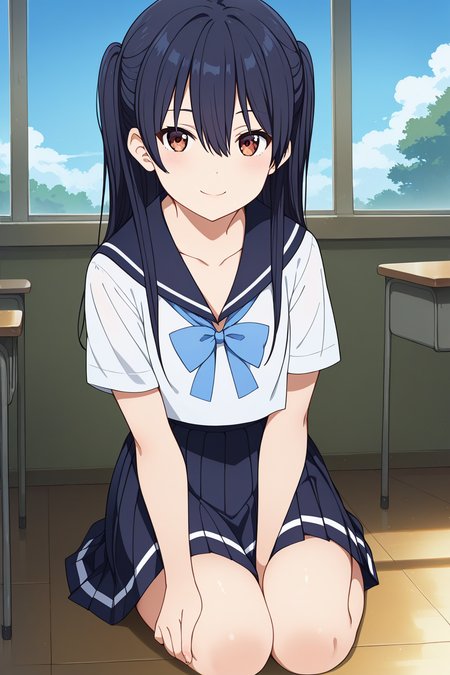 score_9,score_8_up,score_7_up,source_anime,
1girl,<lora:IchigyouRuri:0.9>,ichigyou ruri,long hair,brown eyes,black hair,hair between eyes,collarbone,two side up,small_breasts,
school uniform,serafuku,skirt,pleated skirt,sailor collar,short sleeves,bow,shirt,black skirt,white shirt,sailor collar,blue bow,bowtie,shirt_tucked_in,
indoors,classroom,window,sunlight,the scenery outside the window,blue sky,tree,
blush,smile,(full body),sitting,looking_at_viewer,closed mouth,