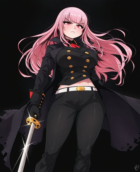 <lora:ryousakai:1> ryousakai,
(masterpiece), (best quality), (ultra-detailed), amazing quality, very aesthetic, illustration, perfect composition, intricate details, absurdres, incredibly absurdres, shiny skin, realistic,
 ryousakai, mori calliope, virtual youtuber, 1girl, weapon, sword, pink hair,  weapon, , long hair,  sword, white belt, solo, gloves, breasts, pants, black gloves, shirt, belt, cosplay, pink eyes, large breasts, katana, black pants, shaped eyebrows, black footwear, black shirt, black coat, black background, glint, red eyes, black jacket, midriff peek, blunt bangs, coat, frown, mori calliope, general