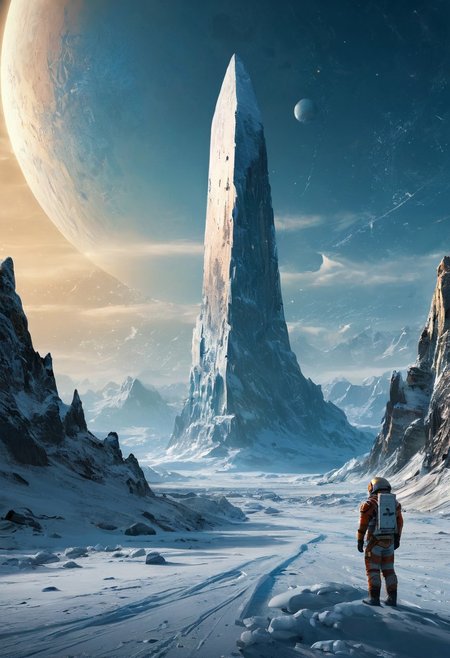 A lone astronaut stands on a frozen exoplanet, staring at a towering monolith of unknown origin, its surface pulsing with shifting star maps and equations far beyond human understanding. The overall style is futuristic with a touch of fantasy and mystery.