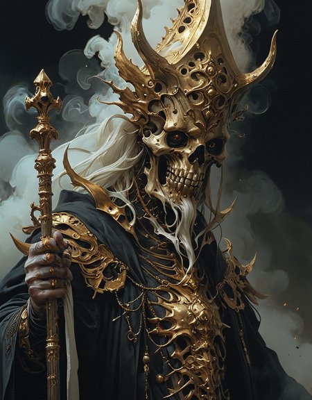 Portrait of deformed creature, bishop with mitral hat, golden mace in hand, dark character, monstrous, Peter Mohrbacher, Agostino Arrivabene, HR Giger, low angle, menacing stance, dark environment, fog, smoke, black background, horror, hyperrealistic, 4K<lora:more_details:1> <lora:epi_noiseoffset2:1>  <lora:Sinozick:1>
