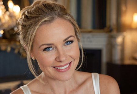 A hyper-detailed, high-resolution (8K) close-up portrait of a 40-year-old woman with sleek blonde hair tied back in a soft bun, wearing a light, airy white blouse. Her striking blue eyes gleam with happiness, framed by delicate laugh lines that enhance her natural charm. The background is intentionally blurred, suggesting an opulent hotel lounge—crystal chandeliers, velvet drapes, and the soft glow of candlelight reflecting in gilded mirrors. Shot with a Hasselblad H6D-100c medium-format camera, using a tight crop and a shallow depth of field (f/2.8) to capture the luminous quality of her skin against the rich, moody backdrop. The lighting is sumptuous and directional, evoking the elegance of classic Hollywood portraiture."