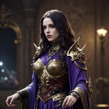 RAW photo, (masterpiece:1.3), subsurface scattering, heavy shadow, (high quality:1.4), (intricate, high detail:1.2), professional photography, HDR, High Dynamic Range, realistic, ultra realistic, photorealistic, high resolution, film photography, ambient lighting, atmospheric effects, <lora:detail_slider_v4:2>, DarkFantasy, a female chaos sorceress of Slaanesh, wearing intricate purple robes, SerCa, <lora:ServantsOfChaos-10:0.6>, (perfect hands), in the style of Warhammer Fantasy, Chaos,  <lora:cleavage:-2>, epiCPhoto