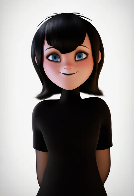 masterpiece, best quality, very aesthetic, absurdres,
realistic,render, 3d,
1girl, mavis, black hair, bangs, blue eyes, black lips,
black dress, bridal gauntlets, short sleeves, 
arms behind back, upper body, smile,
looking at viewer, solo, simple background, white background     <lora:MavisNoobXL_byKonan:1>