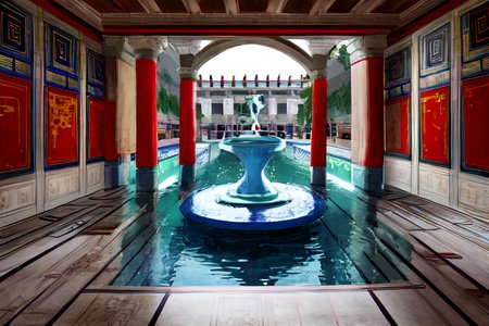 highly insanely detailed, masterpiece, top quality, best quality, highres, 4k, 8k, RAW photo, (very aesthetic, beautiful and aesthetic),  
Ancient Roman Interior Design,RomInt,fountain,warm_light,functional_design, 
<lora:RomanInterior-10:1>, 
(1girl:1.3), 
1other, 
, 
, 
, 
Chinese calligraphy in background,(in Venice),neon yellow background,neon magenta background,neon blue background,(color stripes background,multicolored background), 
,âââ