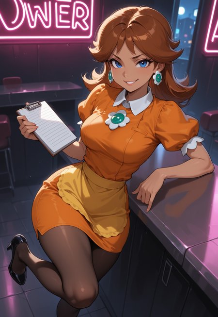 masterpiece, best quality, dark theme, 1girl,  from angle, medium breasts,
princess daisy, dark-skinned female,brown hair, blue eyes, looking at viewer, collared dress, orange dress, leaning back against counter, small waist, wide hips, smirk, sassy, one leg up, waitress, diner, holding small notepad, high heels, yellow waist apron, neon lights, night, pantyhose