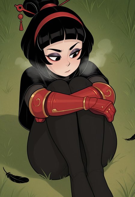 blushmallet,  outdoors, undershirt, falling feathers, black bodysuit, hair stick, hugging knees, knees to chest, gauntlets, eyeshadow, red gloves, two sides up, black capelet, red hairband, black eyes, 1girl, solo, feet, visible breath, dynamic angle, foreshortening, smell, steam,