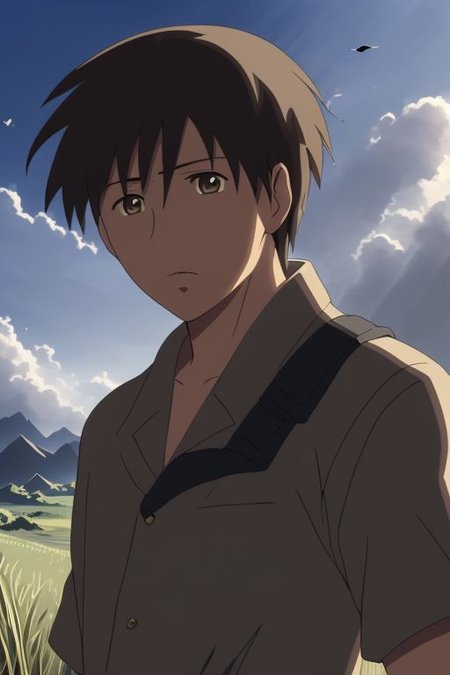high resolution, solo, best quality, 1Boy, Takaki Toono, Brownish Hair, Brown Eyes, existential longing, fantasy background, strong wind, OverallDetail