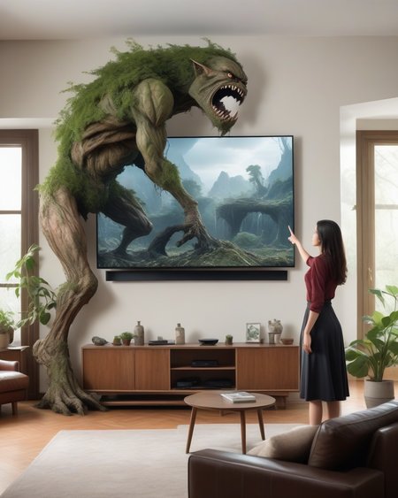 angry woman pointing at a TV, looking sternly at an abashed earth elemental standing in an upscale living room, plant knocked over, nature show playing on TV, professional realistic photo,  <lora:Perfect Hands:1>