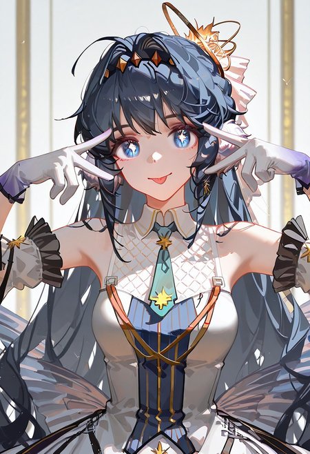 masterpiece, best quality, upper body, solo, 1girl, 
astesia_\(frlibe_on_the_palace\)_\(arknights\),  blue hair,blue eyes,white pupils , halo,  gradient gloves ,bare shoulders ,white pantyhose, detached sleeves , white dress,
nctaw_style, ningen mame, ciloranko, (tianliang duohe fangdongye:0.9), ask \(askzy\), (wlop:0.9),
aihsnpose, smile, tongue out, double v, star-shaped pupils, 
half updo,  aqua ascot
 <segment:yolo-Anzhc Face seg 640 v2 y8n.pt,0.4,0.5//cid=1>
