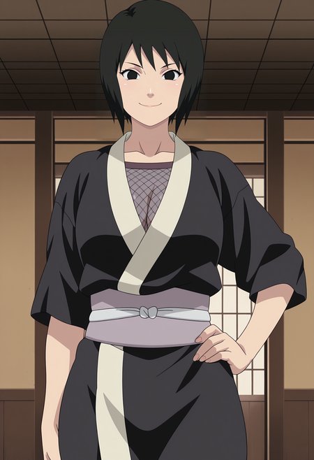 1girl,solo,mm,mature female,black hair,short hair,black eyes,,anime coloring,
,fishnets,japanese clothes,ninja,hand on own hip, looking at viewer, smile,indoors
,masterpiece,best quality,amazing quality,<lora:Shizune-Naruto:0.8>