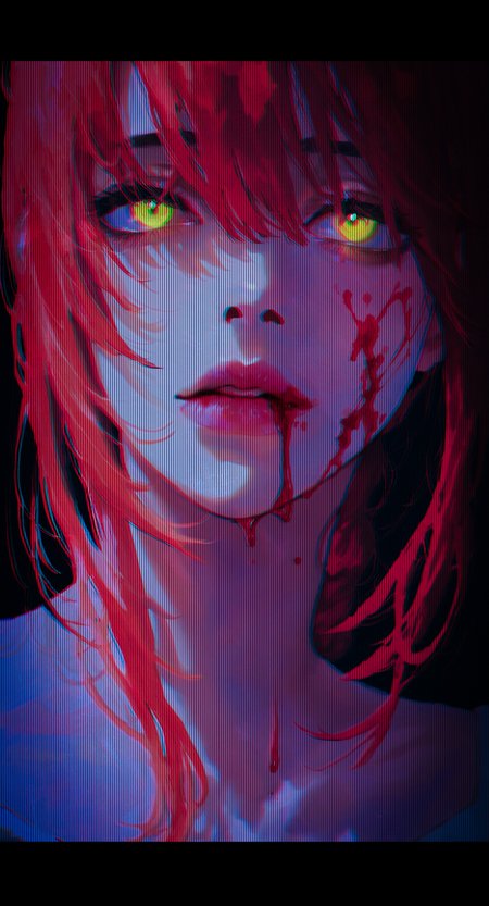 1girl, makima \(chainsaw man\), chainsaw man,   (by agnes cecile, by kaneoya sachiko, by 96yottea, 
:1.2), gradient coloring, glowing coloring, 
 aegyo sal, (portrait:1.2), head tilt, staring, upper body, nose, lips, half-closed eyes,  red hair,  yandere, blood splatter on face,  blood from mouth, (glowing yellow eyes:1.2), closed mouth, parted lips, hair over eyes, eyes visible through hair, 
dark theme, dark room, 
,masterpiece, highres, greatscore, absurdres,