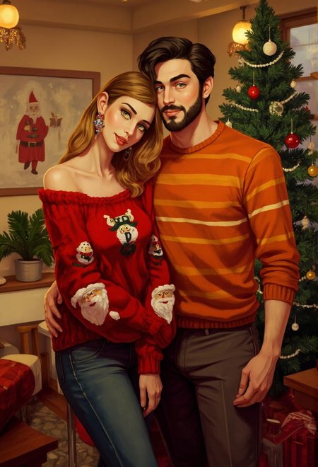 <lora:ck-LttleGhost-000011.safetensors:1> in the style of ck-lttlegh0stIn this enchanting 1970s-inspired holiday scene, two stylish individuals exude warmth and festive spirit as they stand together in a cozy, warmly-lit indoor setting. The woman sports a striking red off-shoulder sweater with Santa Claus patterns, while the man wears a vibrant striped orange sweater. They are surrounded by classic Christmas decorations, including a vintage green tree adorned with ornaments, adding to the nostalgic ambiance.