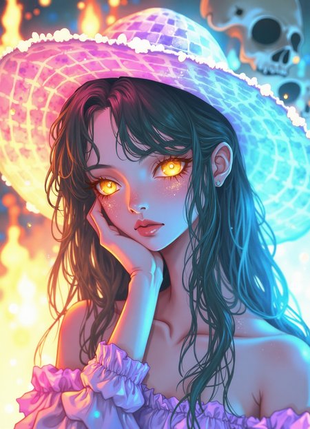 CynthiaPortrait. This digital art image portrays a young woman with an ethereal appearance, wearing a wide-brimmed, floral-patterned tophat in with checkered pattern. Her face and body are illuminated with torches surrounding her, accents of pink, blue, and purple, creating an otherworldly glow that resembles bioluminescent markings. Her bright, golden eyes are filled with a burning light, contrasting with the cool tones of the surrounding illumination. Strands of wet hair cling to her face, enhancing the sense of realism amidst the fantasy.   The background is an ancient crypt, tightly filled with decaying skulls.  The combination of neon lights, subtle reflections, and the girl's thoughtful expression evokes a futuristic, dreamlike atmosphere with a touch of mystery and intrigue.