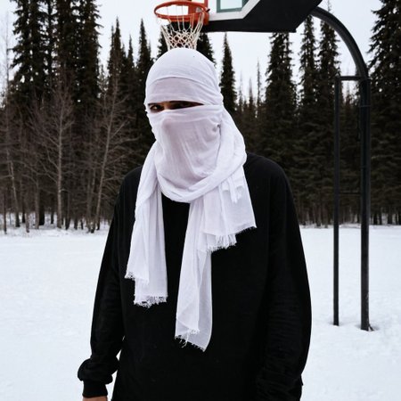 a person wearing a white head covering standing in front of a basketball hoop with a basketball hoop in the background, Abdullah Gërguri, promotional image, an album cover, net art man,archive,high fashion,pale skin,torn clothes,scuffs clothes, abrasions clothes ,rubs clothes,dark,90x,bad quality,no face,bandage,scarf hide his face,melted clothes,flowing clothes,blood stains on clothes,abstract forms,ice melted,antarctica,furr,<lora:High_Fashion:1>  <lora:badquality_v02:1>, by paul zizka, furry, elegant, crystallized, dark, ambient lighting, night time, CCTV