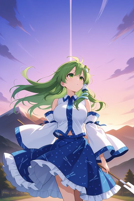 absurdres, highres, masterpiece, best quality, amazing quality, official anime artwork, screencap, anime screencap, outdoors, looking up, mountain of faith, 
<lora:Sanae-Kochiya_Illustrious:1> kochiya sanae, 1girl, solo, green hair, long hair, green eyes, skinny, large breasts,, frog hair ornament, hair tubes, snake hair ornament, collared shirt, white shirt, detached sleeves, wide sleeves, blue skirt, frilled skirt, dynamic pose, wind, floating hair,