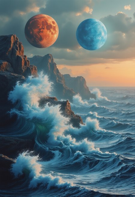 Jedhydipa, Realistic digital painting of the white sea of Mars under a vibrant alien sky, large waves formed by the gravitational dance of two enormous moons, one with a fiery red glow and the other an icy blue radiance, reflective white waters sparkling under their light, rugged Martian terrain in the background, detailed textures, surreal yet scientifically plausible aesthetic.