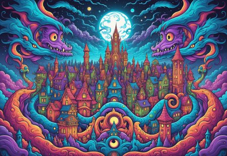 masterpiece, trippy, line art, multi-colors, fantasy theme, A cityscape at night, monster in sky, dizzy, mystery