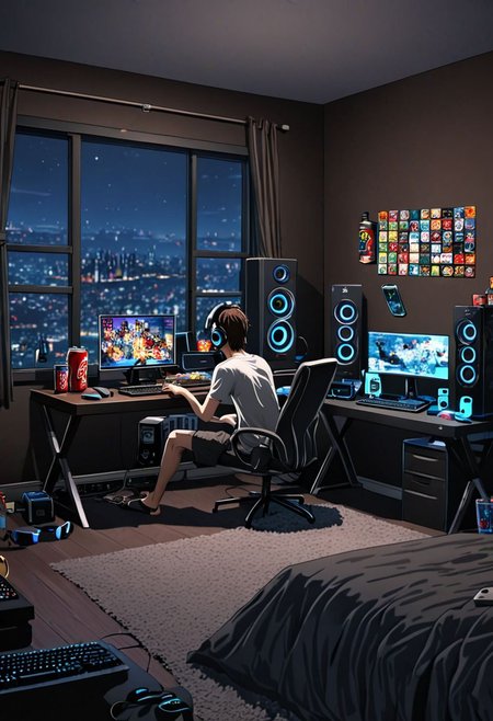 Highres, Masterpiece, High Quality, 4K, 8K, solo, 1Boy, Seiya Kanie, short dark brown hair, golden eyes, bed room, game room, comfortable, dark walls, RGB lights, quiet, window, night view, keyboard, pc, mouse, laptop, mattress, headset, speakers, stickers, soda drinks, snacks, easynegative, detailed_eye_model