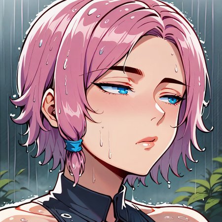 score_9,  1girl, maeve, pink hair, short hair, blue eyes, face focus, raidiant colors, feisty girl, wet hair, raining, portrait, sultry look, looking off to the side, half-closed eyes,