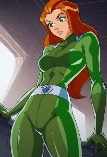 (score_9, score_8_up, score_7_up), sci fi,1girl, solo, sam \(totally spies\), orange hair, long hair, green eyes, green bodysuit, belt, large breasts, curvy, thick thighs, tight clothing, hips, thighs, athletic build,