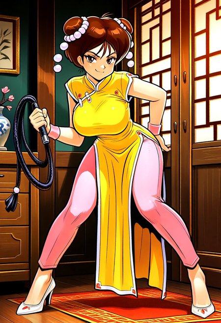 masterpiece, best quality, amazing quality, very aesthetic, absurdres, newest, larffl3, 1girl, tall, large breasts, double bun, hair pearls, short brown hair, yellow china dress, single pink wristband, brown eyes, pink pants, white heel-less pumps, looking at viewer, indoors, holding whip, leaning, smug,