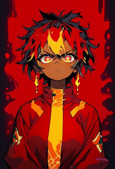 score_9, score_8_up, score_7_up, TKMND, volumetric lighting, portrait, face focus, cel shading, 
BREAK
1girl, short hair, red pupils, fire mage, fiery hair, messy hair, dark red hair, leotard, gold patterns on leotard, angry face, sparkling eyes, arcane energy, lava dripping down face, dripping lava, flames in background, flames accentuates features,