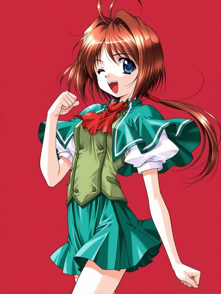 masterpiece,best quality,newest,
1girl,solo,
<lora:wakatsuki_kotomi_ilxl_v1.0:1>,w_kotomo,ahoge,brown hair,blue eyes,low ponytail,long hair,
k_clothes,green capelet,ascot,green vest,puffy short sleeves,green pleated skirt,
<lora:Fixhands_anime_bdsqlsz_V1:1>,cowboy_shot,simple_background,red background,laughing,clenched hand,one eye closed,profile,looking_at_viewer,