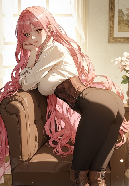 zPDXL3, score_9_up, score_8_up, score_7_up, (Anime_source),Masterpiece,(perfect female body:1.2), small waist, (incredibly detailed:1.4), slim, beautiful fingers, beautiful white skin, Beautiful clear skin, (large breasts:1.4) looking at viewer, big breasts, ass, perfect ass, <lora:Cherry_Sinclair_-_The_Male_Leads_are_Trapped_in_My_House-Kaleid_PONY:0.8>cherrysinclair, 1girl, pink hair, yellow eyes, very long hair, corset, black pants, high boots, brown boots, white shirt, crossed legs, head rest, leaning forward, lying on chair, legs up, from side