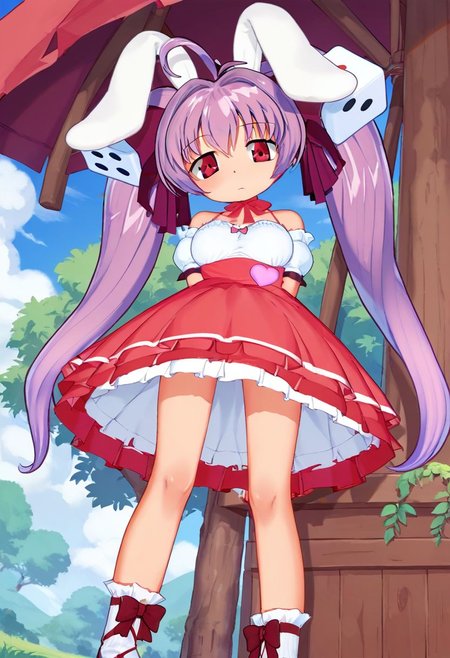 score_9, score_8_up, score_7_up, best quality, uncensored, source_anime, BREAK
1girl, solo, usada_hikaru, ahoge, rabbit ears, dice hair ornament, ahoge, purple hair, twintails, red eyes, ribbon choker, wrist ribbon, dress, usada_hikaru_outfit, red frills skirt, bare shoulders, white socks, high heels,
from below, arms behind back, Sleepy, Drooping eyelids, half-closed eyes, and a slightly dazed expression., outdoors,
<lora:sdxl_lightning_8step_lora:1> <lora:usadahikaru_XL(pony)rev2:0.8>